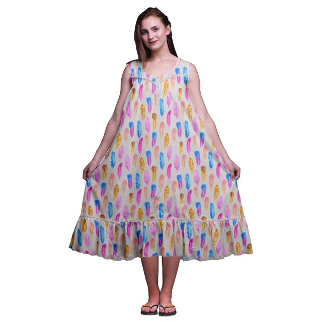 Bimba Gris Pâle14 Plume Coloré Mi-Mollet Vêtement de Nuit Femme Coton Imprimé Sans Manches Robe de Nuit Maxi XXX-Large