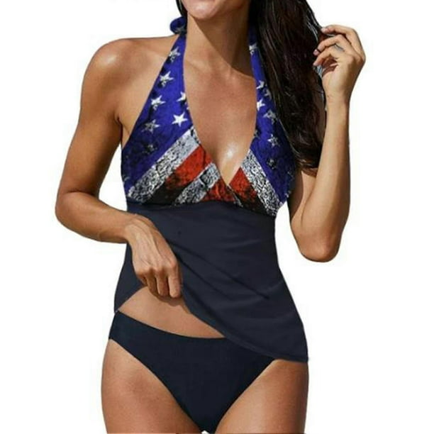 2 Piece Tankini Bathing Suits for Women, Ameraican Flag Printed Swimsuits Tankini Top with Bikini Bottom Swimwear S-3XL