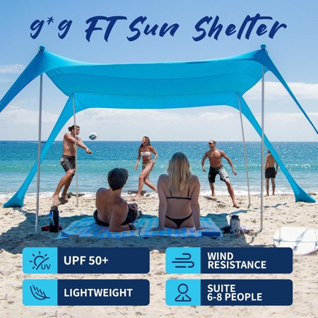 Beach Tent Portable Sun Shelter, 9'x9' Lycra Sun Shelter with UPF50+ Protection for Family at the Beach, Camping & Outdoor