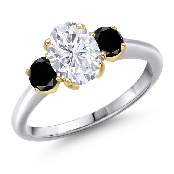 Gem Stone King 925 Silver and 10K Yellow Gold White Moissanite and Black Diamond Engagement Ring for Women | 2.04 Cttw | Oval 8X6MM | Gemstone Birthstone | Size 7