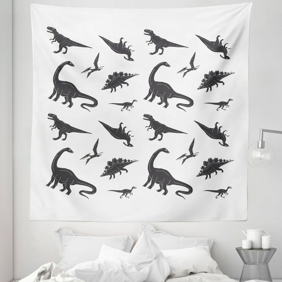 Dinosaur Tapestry, Dwellers of the Prehistoric World Powerful Reptiles Orderly Repeated Pattern, Fabric Wall Hanging Decor for Bedroom Living Room Dorm, 5 Sizes, White Dark Grey, by Ambesonne