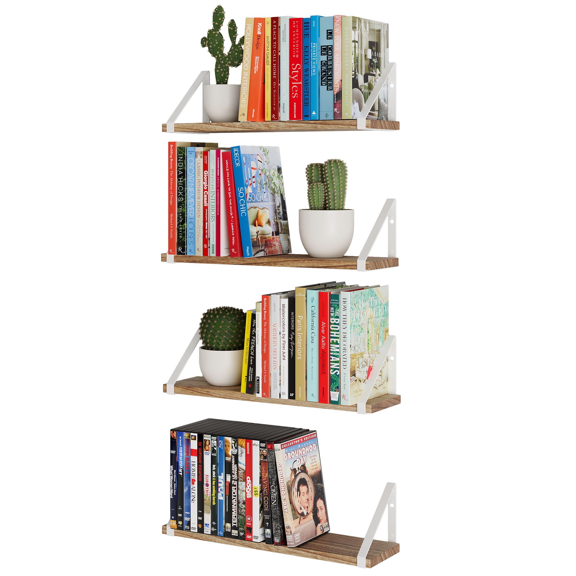 Wallniture Ponza Wood Floating Shelf for Wall Bookcases Set of Living  Room Shelves with White Brackets, Natural Burned