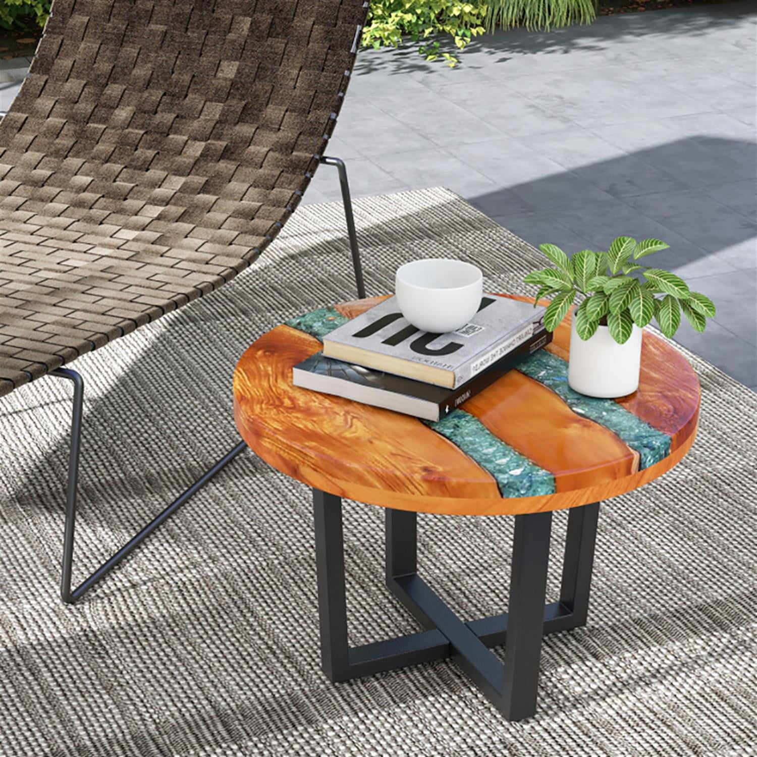 Demi Bonn Teak Wood Sofa Side Table, Outdoor Round End Table with Epoxy Resin Tabletop for Small Spaces, Living Room, Bedroom, Brown