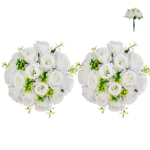 Artificial White Roses Bridal Bouquet for Wedding Centerpieces 2 pcs 15