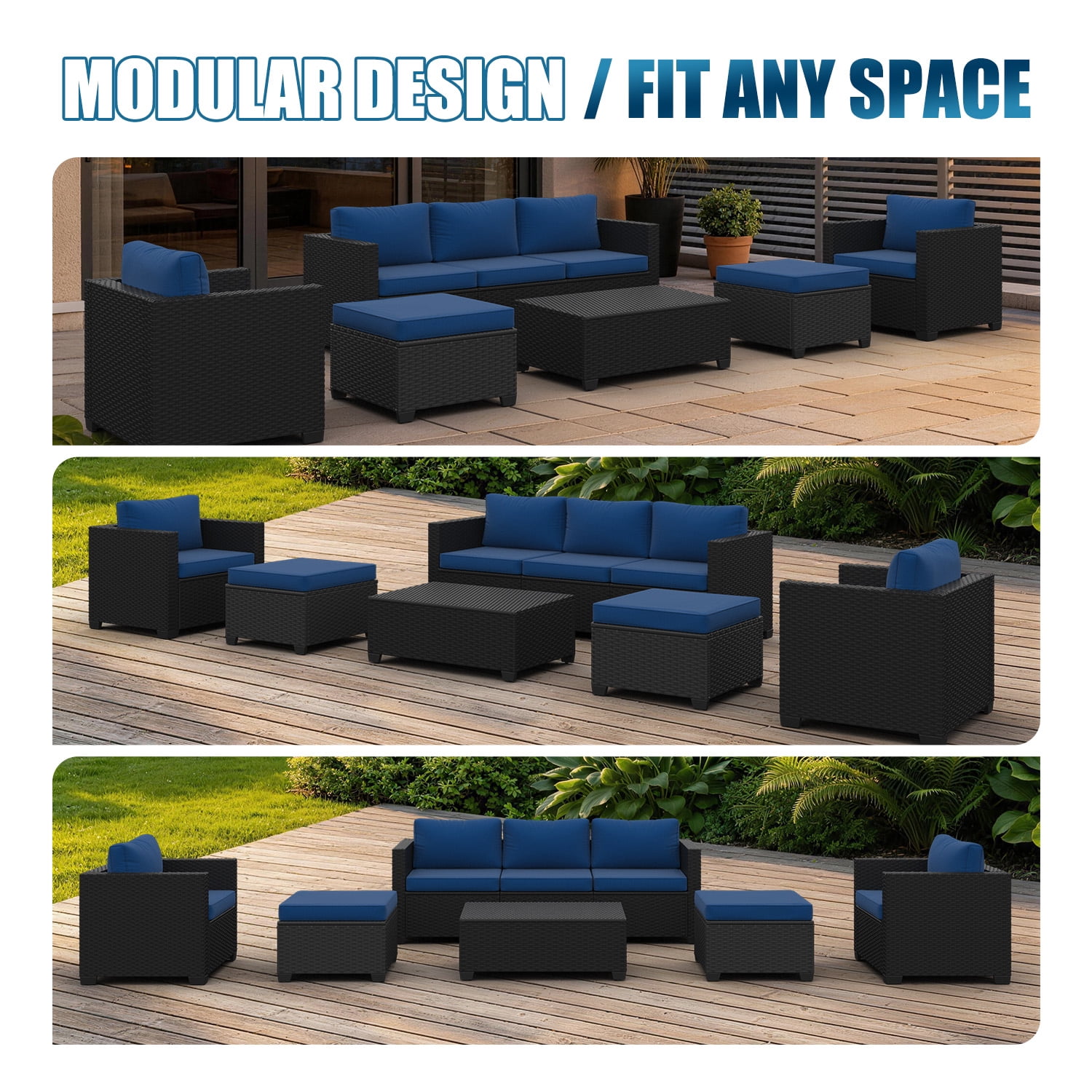 Sunmthink 8 Piece Patio Furniture Set, Rattan Wicker Patio Conversation Set Outdoor Furniture, Navy Blue