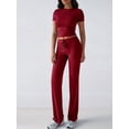 thumbnail image 4 of Women'S 2 Piece Lounge Sets Short Sleeve Tops Fold-over Flare Pants Casual Outfits Matching Set Wine Red L, 4 of 10