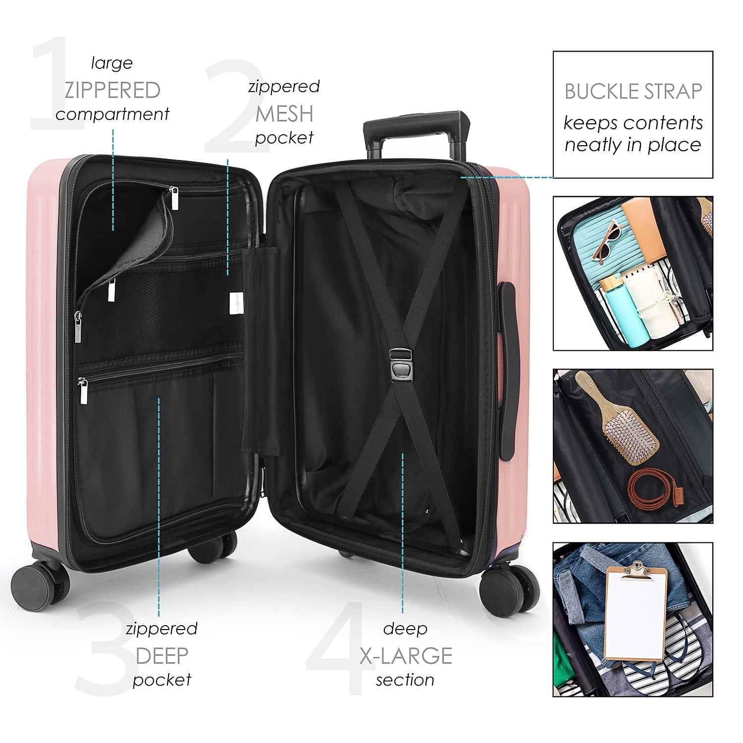 StorageBud 22" Hardside Carry On Luggage 22x14x9 Airline Approved and Expandable Luggage, Front Pocket Luggage Set Spinner Suitcase Set, Pink