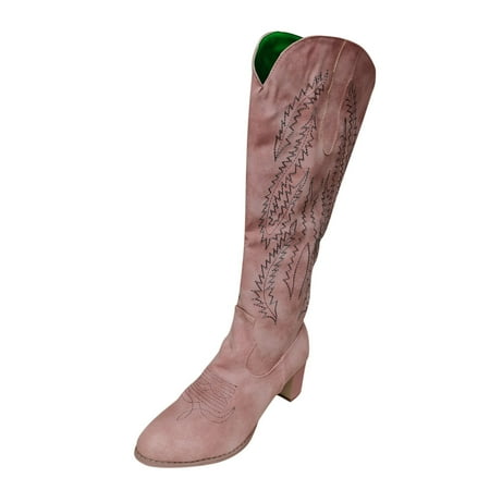 

Women s Autumn And Winter Leather Handsome Embroidered Western Cowboy Chunky Heel Pink Mid Long Boots