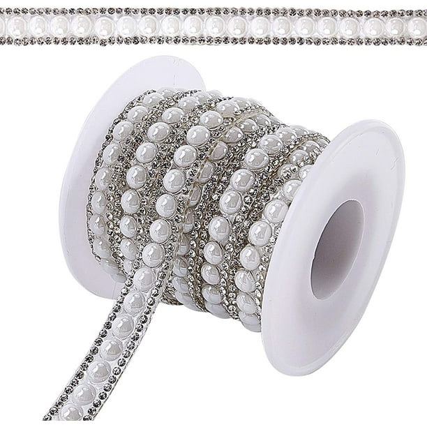 Aplique de diamantes de imitación de 10 mm y 4 yardas, cadena de cuentas de 2 filas, banda de perlas blancas, flecos con incrustaciones de diamantes y ribete de diamantes de imitación.