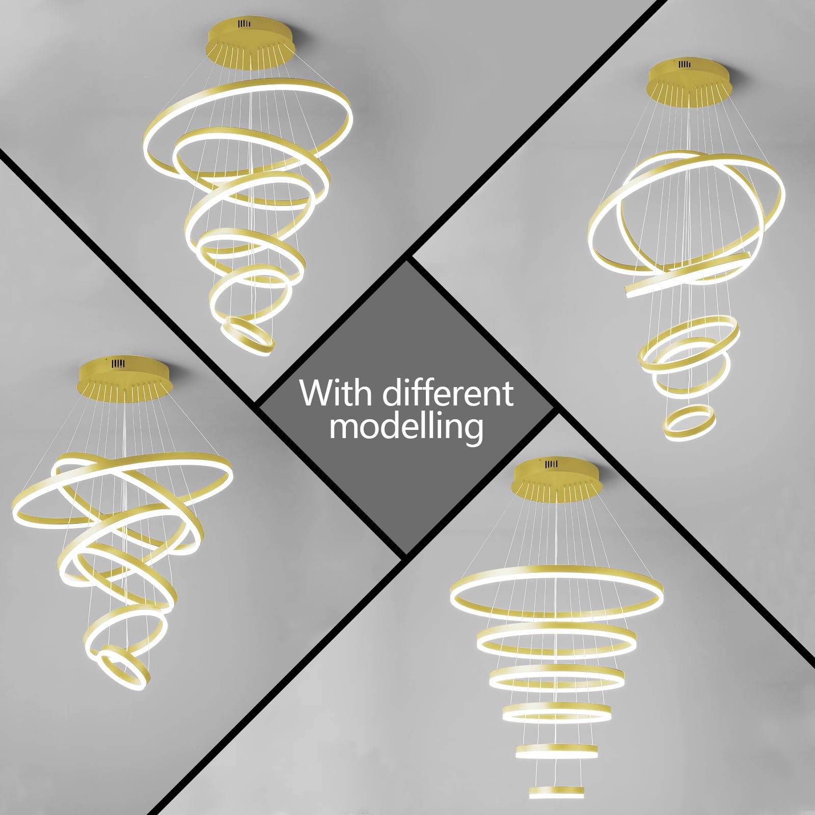 ZHLWIN Modern LED Chandelier Lighting, 6 Rings Gold Chandelier Contemporary Ceiling Pendant Light Fixture for Staircase Foyer High Ceiling Living Room 6000K Cool White