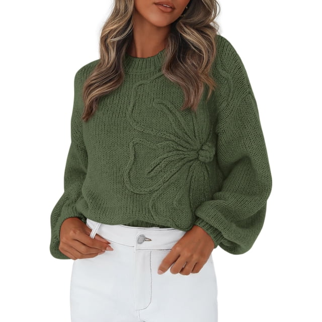 Suéter PRETTYGARDEN Floral de Punto con Cuello Redondo y Mangas Largas Verde M