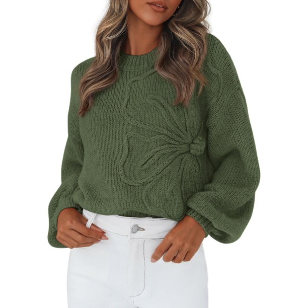 Suéter PRETTYGARDEN Floral de Punto con Cuello Redondo y Mangas Largas Verde M