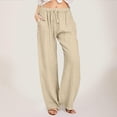 thumbnail image 2 of Women's Linen Pants 2024 Fashion Casual Versatile Solid Color Wide Leg Pants Loose Comfy Elastic Waist Pants with Pockets, 2 of 5