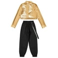 thumbnail image 4 of TiaoBug Kids Girls Hip Hop Jazz Dance Outfits Sequin Long Sleeve Crop Top with Cargo Pants Modern Performance Costume Gold 8, 4 of 5