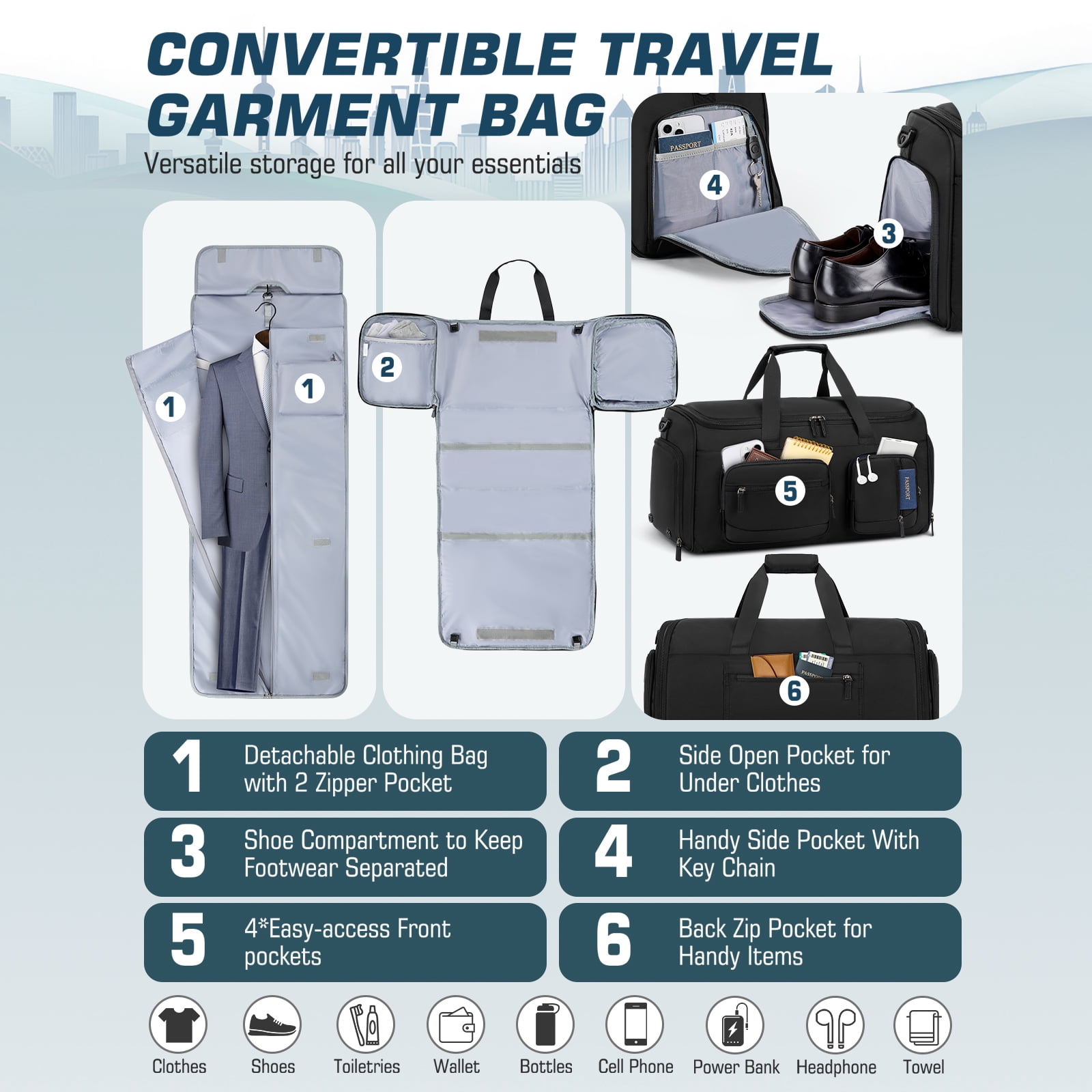RAINSMORE Travel Garment Bag for Men, 3 in 1 Convertible Duffel Bag with Suit Hanger, Large Capacity Travel Carry on with Shoe Compartment Water Resistant Weekend Overnight Bag Business Trip, Black