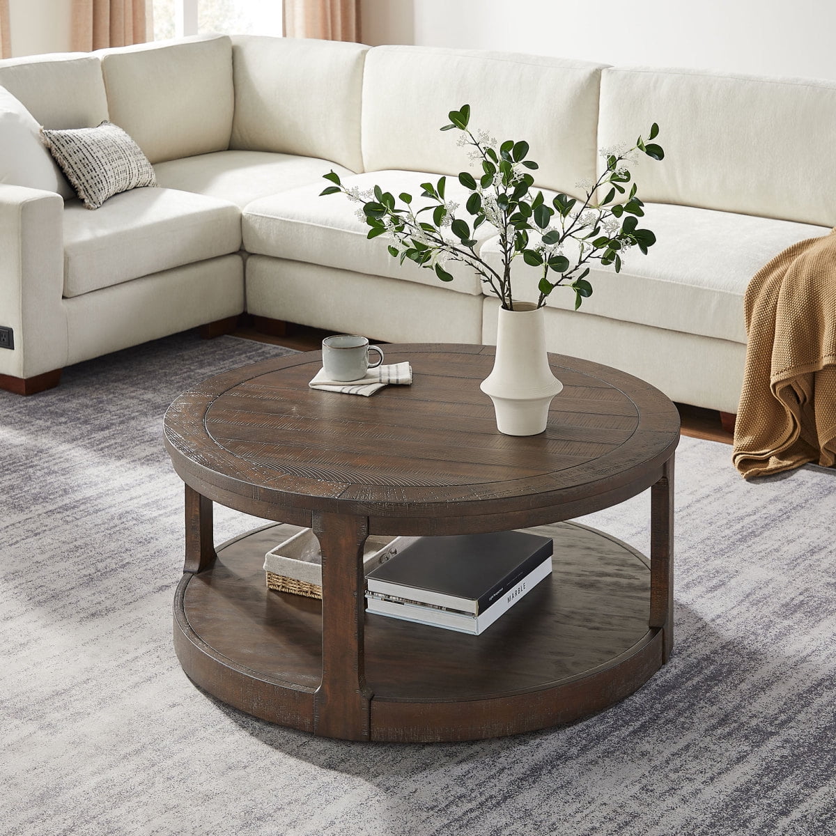 40inch Large Curved 2 Tier Traditional Round Circle Wooden Center Coffee Table,Rounded Table with Wheels,Mid Century Rustic Style Table for living Room,Office,Apartment,OAK