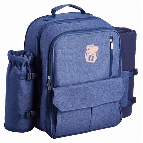 Navy Blue Picnic Backpack for 4 with Insulated Cooler,Detachable Wine Holder,Lightweight Blanket,Plates and Cutlery Set – Perfect for Outdoor Beach Adventures