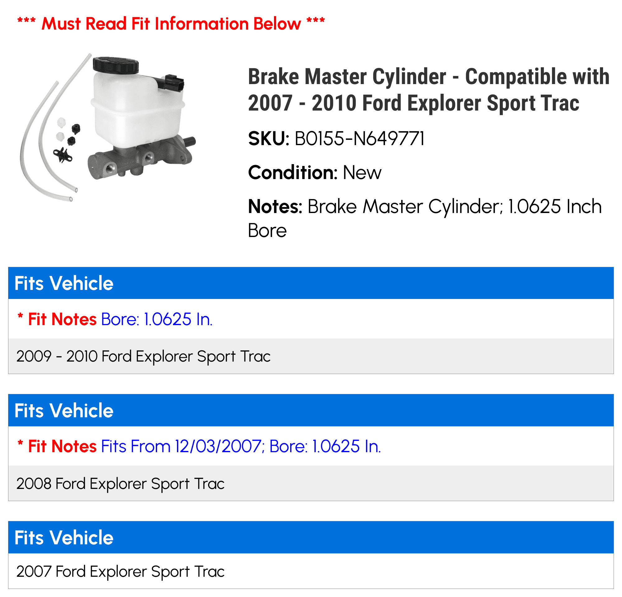 Brake Master Cylinder - Compatible with 2007 - 2010 Ford Explorer Sport Trac 2008 2009