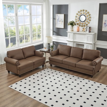Living Room 2 3 Seater Loveseat & Sofa - Modern Classic with Nails, Imitation Cowhide Leather Brown