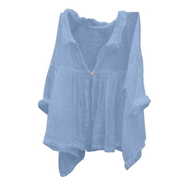 Timegard Womens Summer Tops Cotton Linen Lapel V-Neck Button Long Sleeve Flowy Shirts Casual Loose Tops
