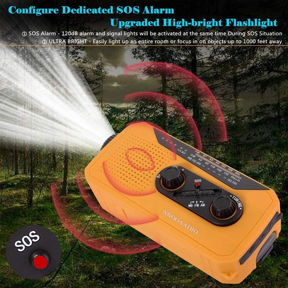 Emergency Radio, Solar Hand Crank AM/FM/NOAA Weather Radio with Bright Flashlight, SOS Alarm, 2000mAh Battery Power Bank, Headphone Jack for Emergency and Outdoor Activities