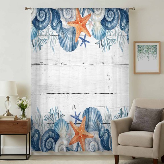 Summer Coastal Sheer Curtains 63 Inches Long, Sea Ocean Starfish Shells Coral Conch Wood Gray Light Filering Curtains, Breathable Simi Curtain Privacy Drapes for Living Room Bedroom Window Treatment