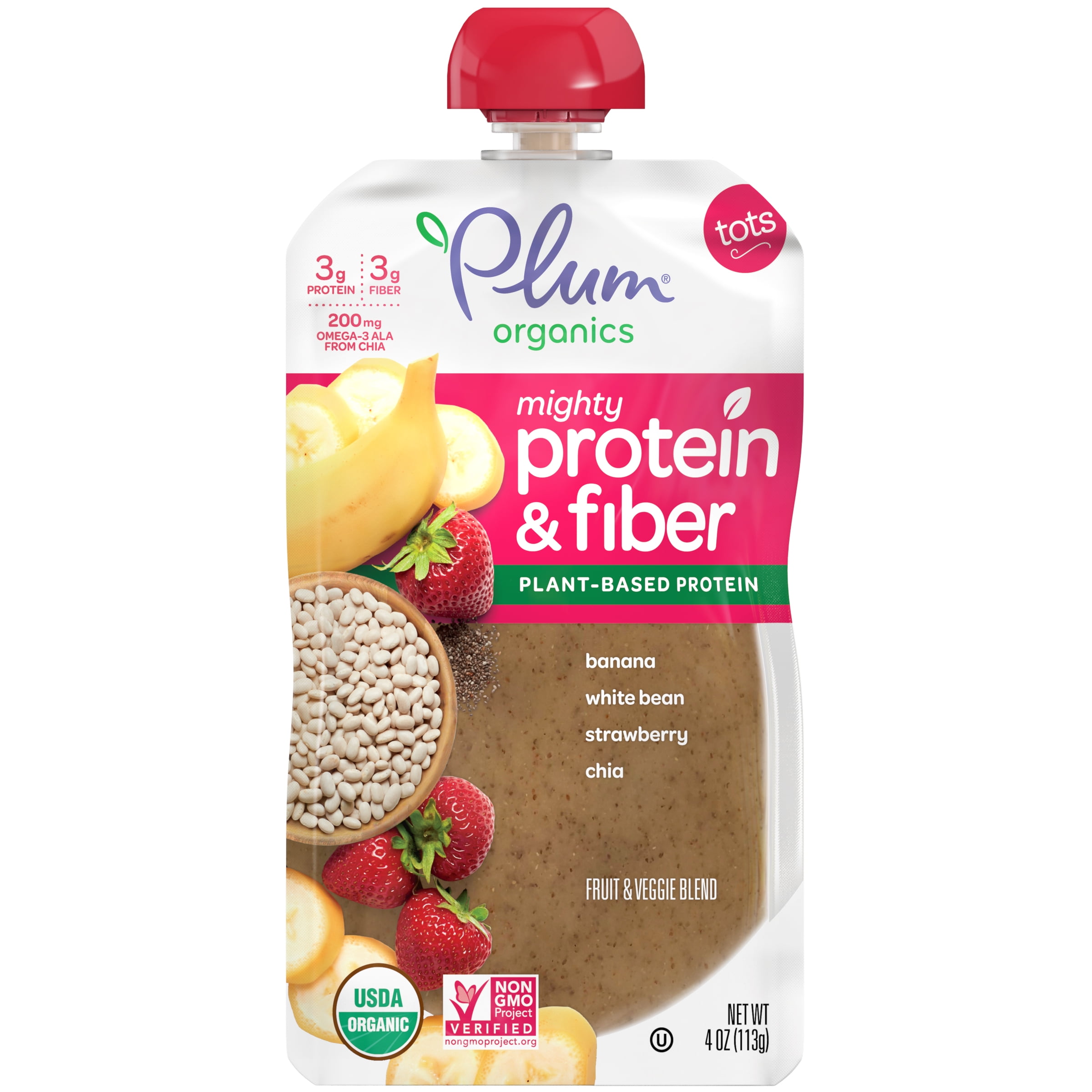 Plum Organics Mighty Protein and Fibe Toddler Baby Food, Banana White Bean Strawberry Chia, 4 oz Pouch