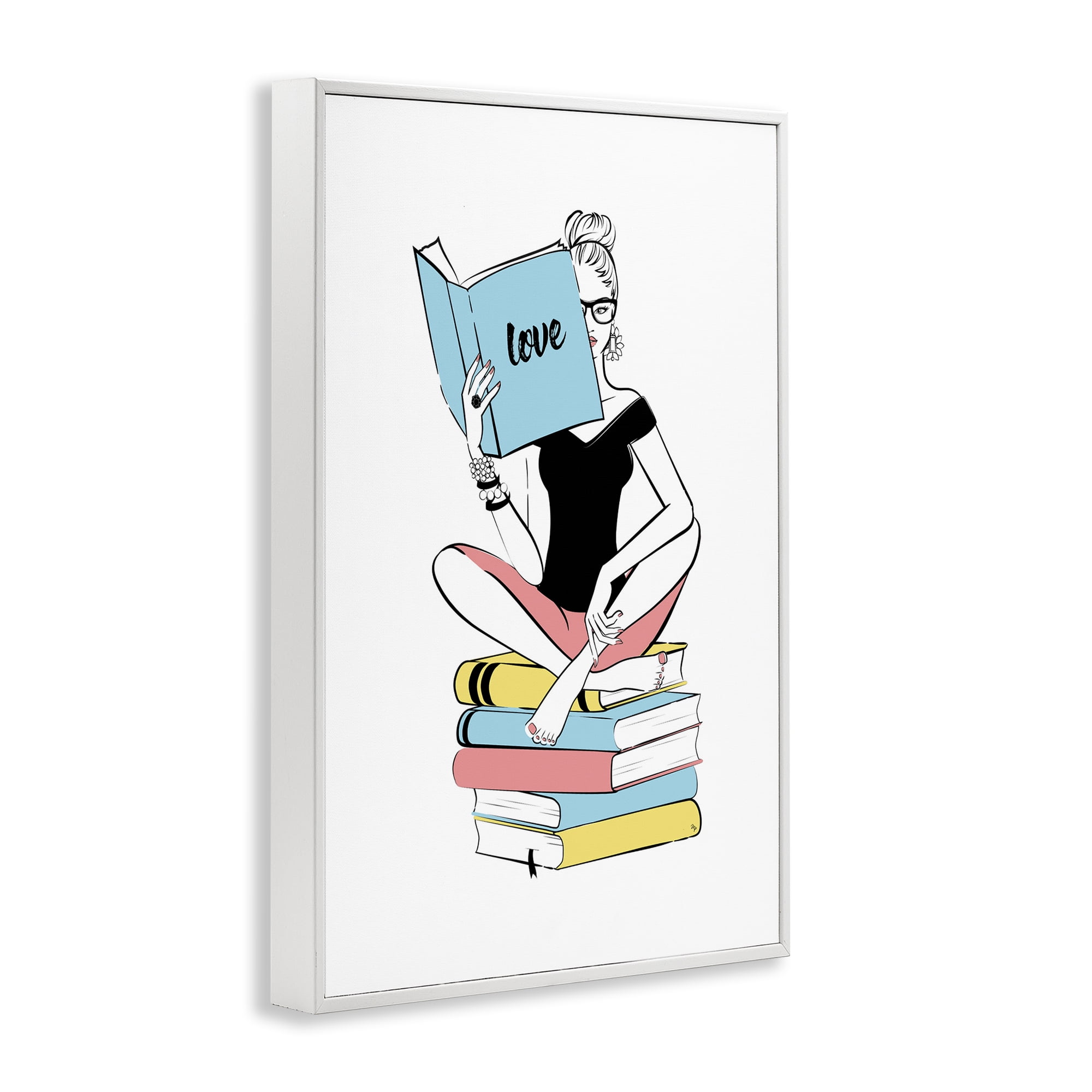 Stupell Industries Book Love Girl Novelty Painting White Framed Art Print Wall Art, 20 x 30