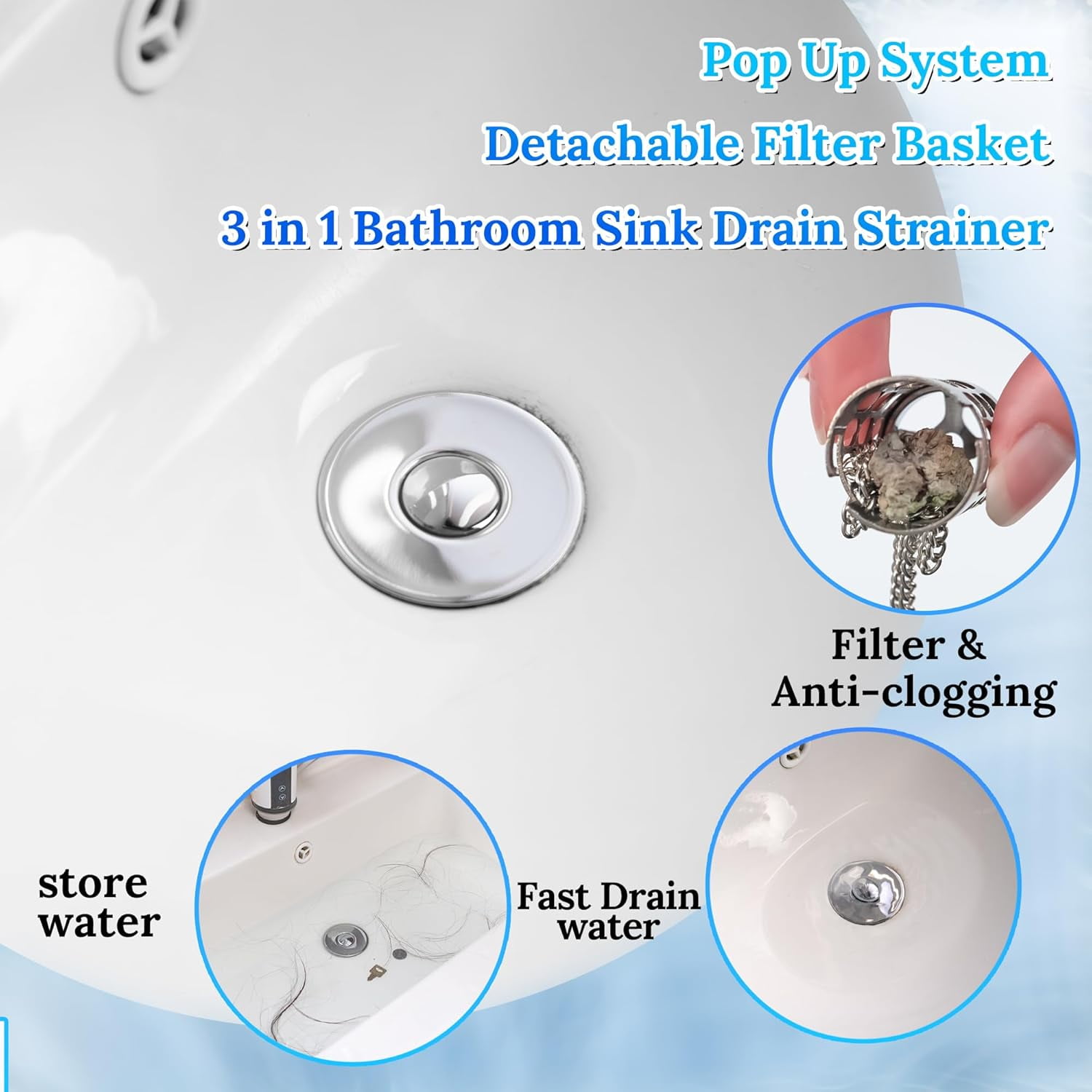 2pcs Silver Pop up Bathroom Sink Drain Strainer,Universal Sink Stopper Bathroom Drain with Filter Basket,Bathroom Sink Stopper Hair Catcher for 1.06"~1.61" Drain Hole