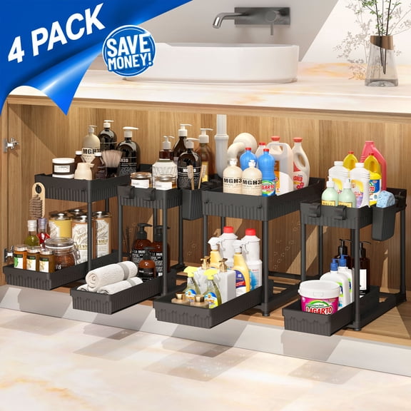 Tmtamye Under Sink Organizer, Adjustable 2-Tier, 4-Pack, Pull-Out Drawer, Black