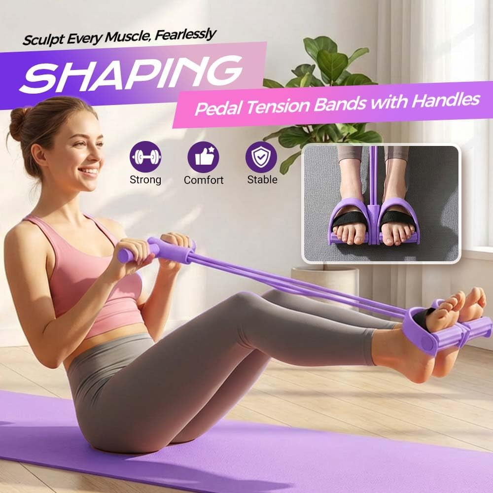 ABPETE Multi-Function Tension Rope,4 Tube Elastic Yoga Pedal Resistance Band with Handle,Natural Latex Tension Rope Fitness Equipment, for Abdomen/Waist/Arm/Leg Stretching Slimming Training