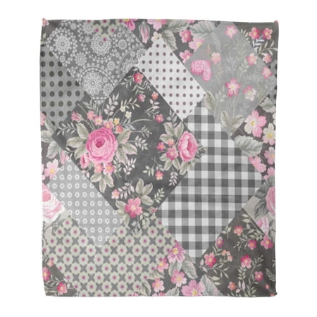 SIDONKU Throw Blanket Warm Cozy Print Flannel Colorful Flower Patchwork Floral Pattern with Roses Pink Pastel Grey Blossom Comfortable Soft for Bed Sofa and Couch 58x80 Inches