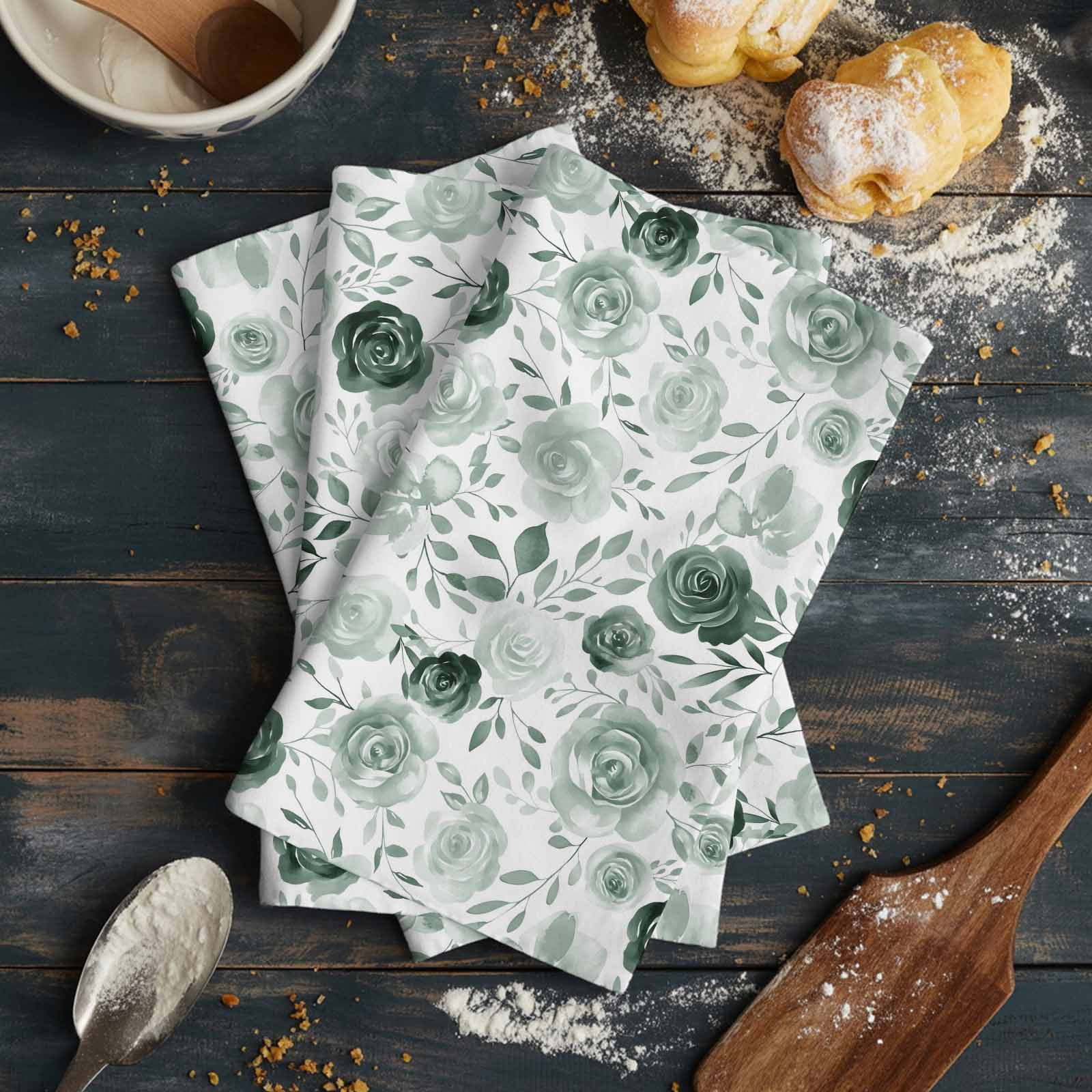 Sage Green Flower Kitchen Towels Set of 2, Water Absorbent Dish Towel, Vintage Rose Floral Botanical Leaf Decorative Hand Towels - Quick Drying Cloth for Cooking Baking, 18x28 Inch