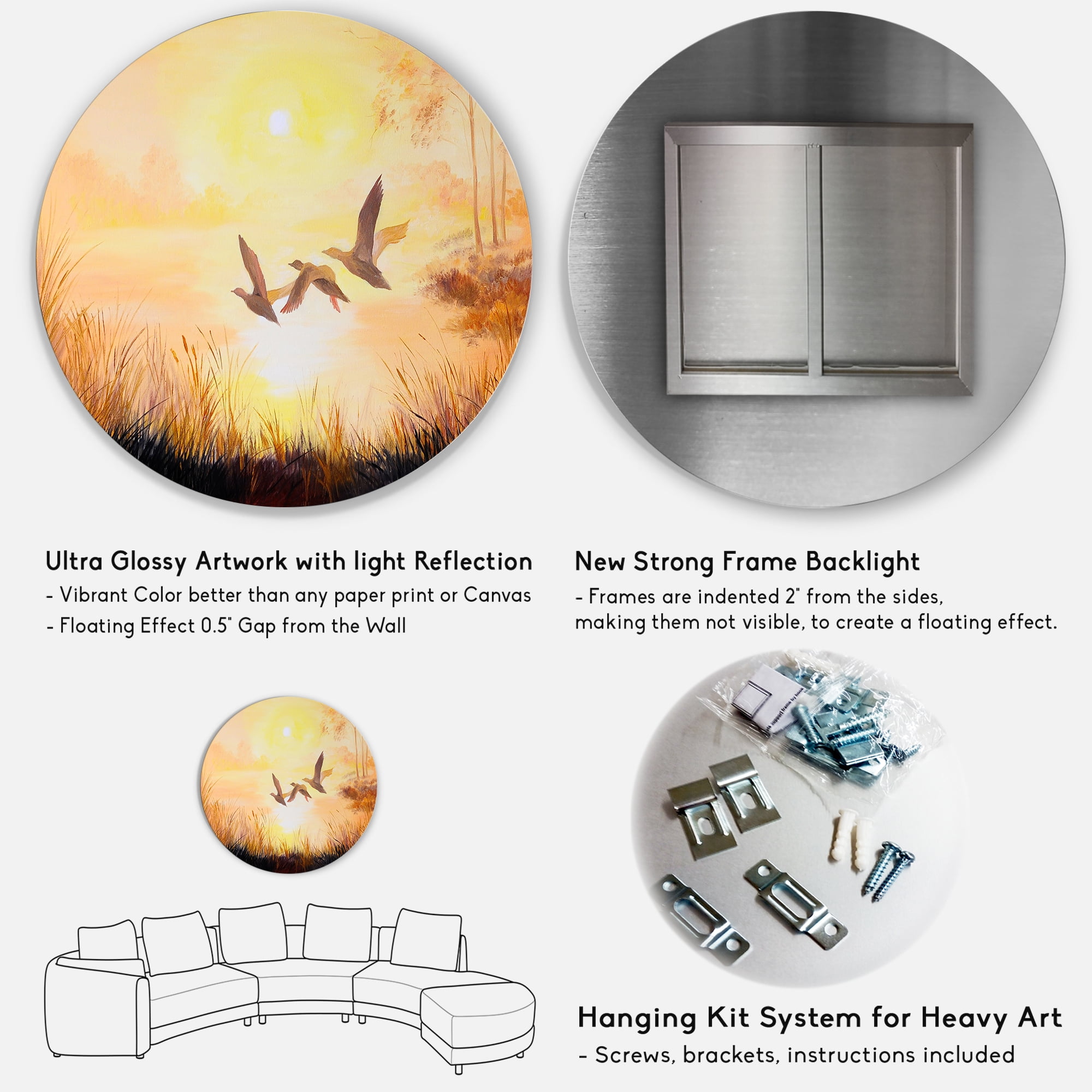 Designart 'Three Cranes Flying Through Warm Sunset' Traditional Circle Metal Wall Art 29x29 - Disc of 29