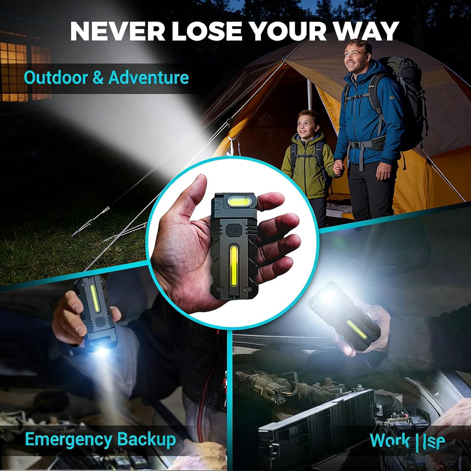 180° Rotating Head LED Work Light – Dual Beam, Magnetic Base & USB-C Rechargeable, Clip-On Keychain Light, Mini Rechargeable Flashlight for Emergency, Walk Dog, Working, Hiking, Camping