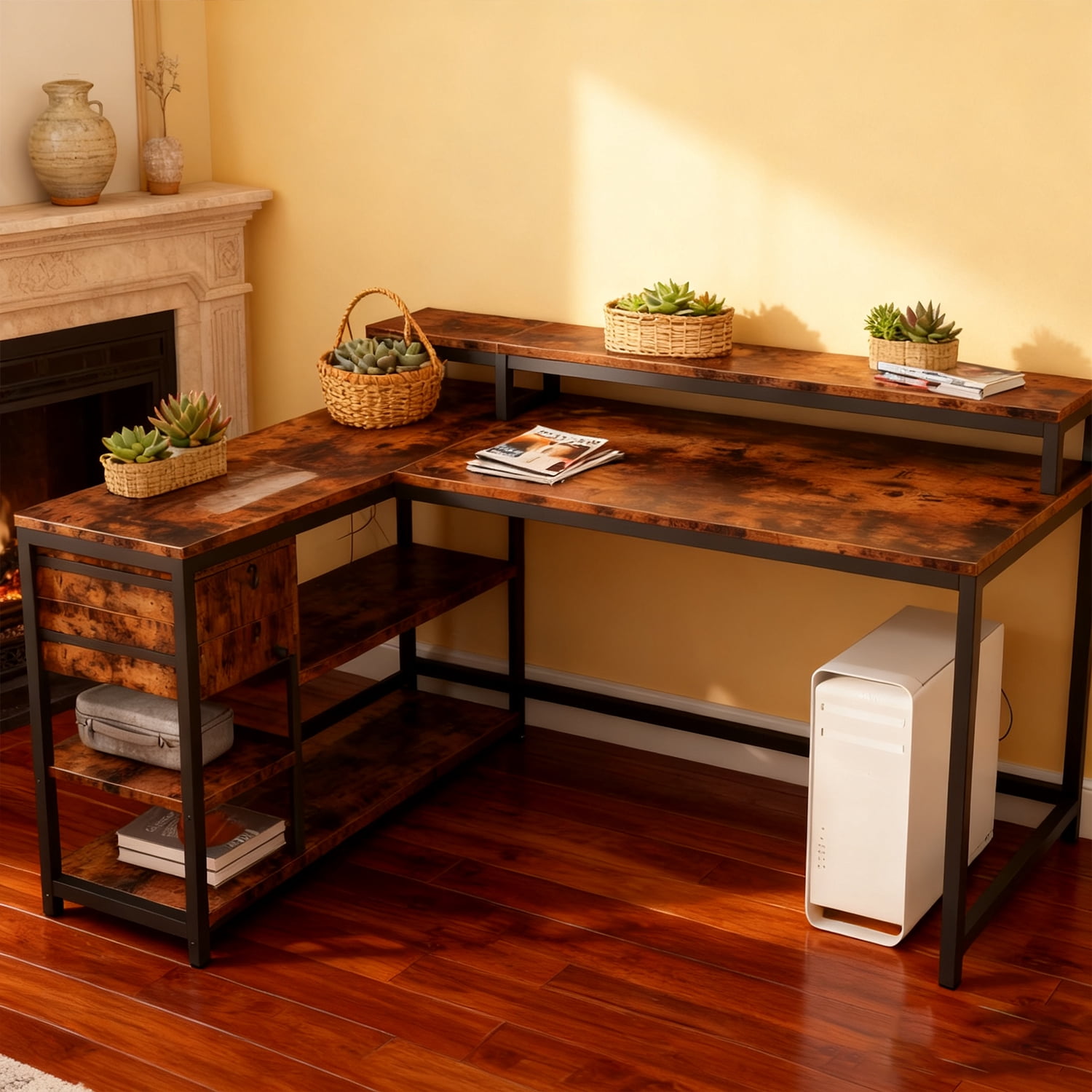 55" x 24" L Shaped Corner Desk With Drawers, Storage Shelves & Monitor Stand, Rustic Brown Home Office Gaming Study Computer Table For Small Space