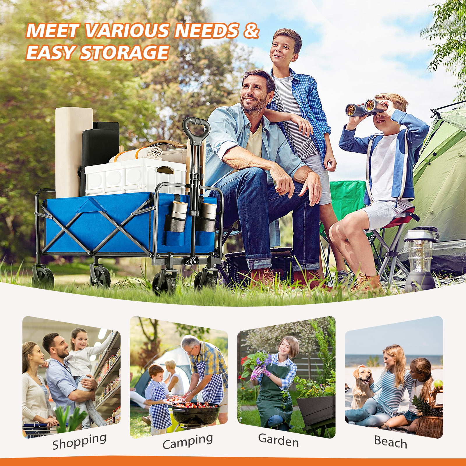 CONCETTA Foldable Blue Utility Cart with Drink Holders, Large Capacity, 29"x18.5"x26.5"