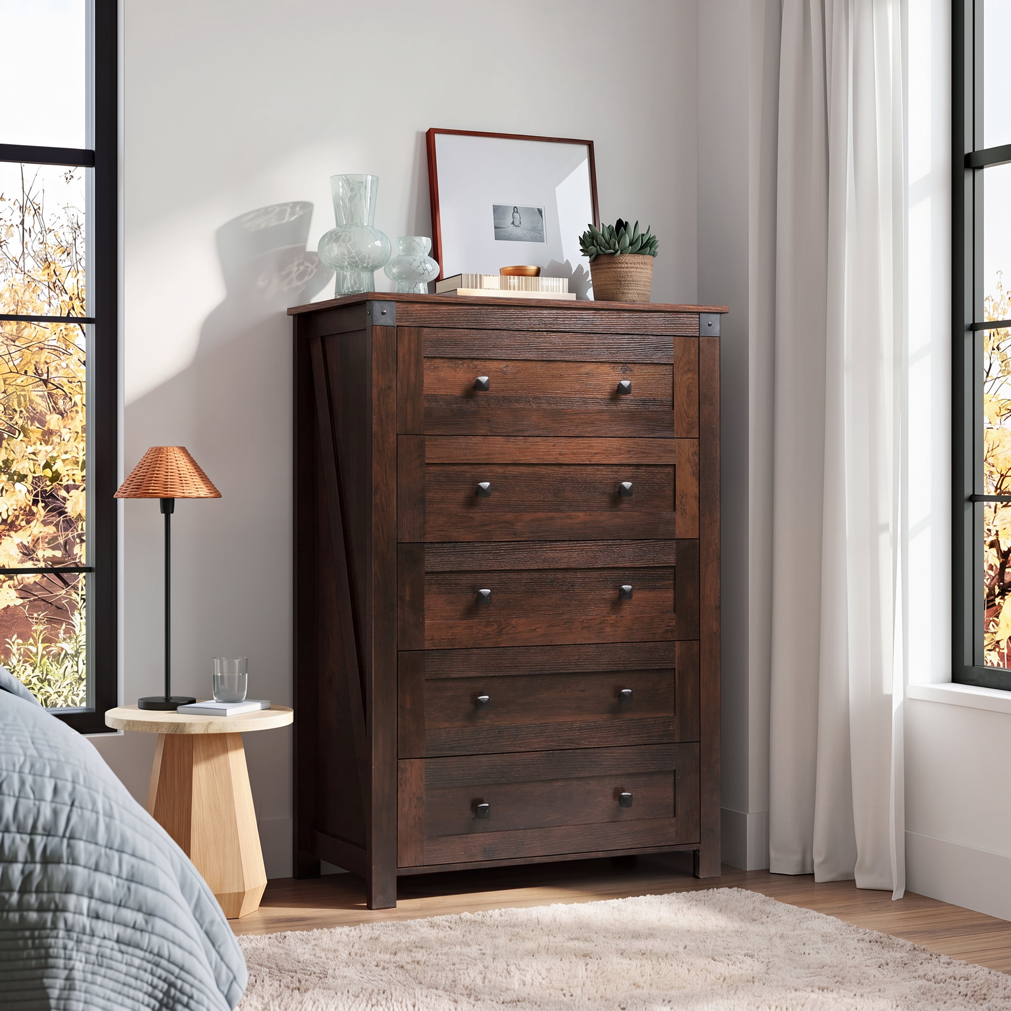 GALAXHERO Farmhouse 5 Drawer Dresser, Brown Tall Dresser with Double Rustic Handles, Wood Chest of Drawers for Bedroom, Living Room, Hallway