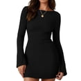 thumbnail image 2 of Women'S Elegant Boat Neck Long Flare Sleeve Ribbed Slim Fit Bodycon Knit Mini Dress, 2 of 9