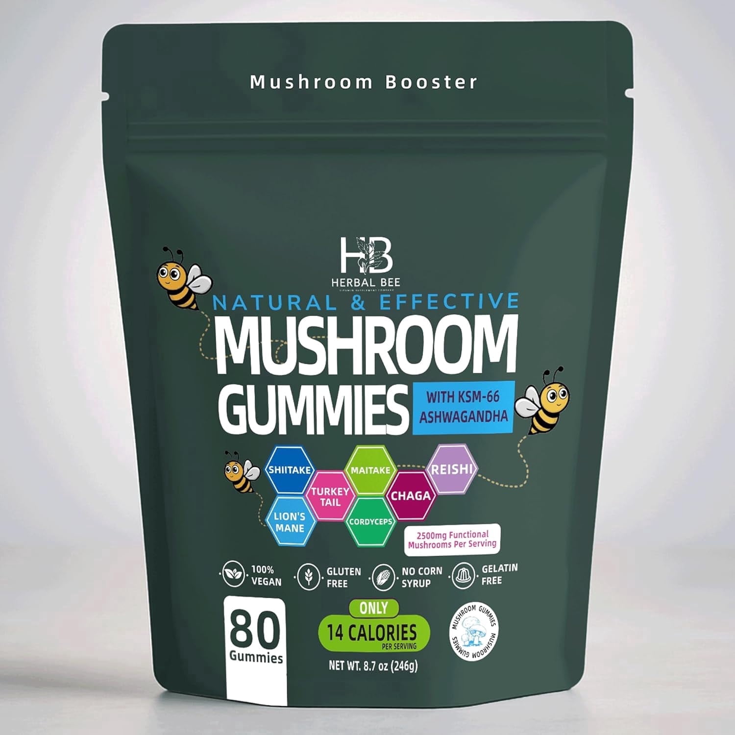Herbal Bee Natural Mushroom Gummies with Ashwagandha, Herbal Mushroom Supplement, Berry Flavor, 80 Count