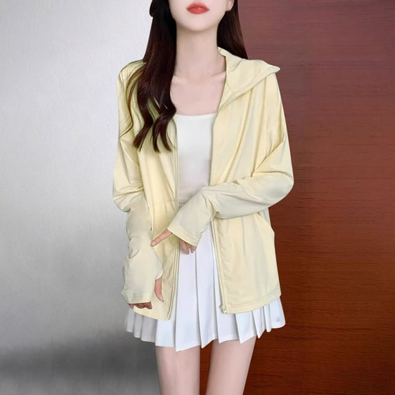 tarylea Sunproof Hoodies for Women Full Zipper Long Sleeve Tops with Thumb Holes Solid Color Loose Tops with Pockets Casual Lightweight Tops