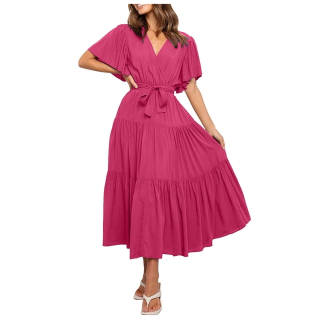 Robe Bohème à Manches Courtes Imprimée Col en V pour le Travail