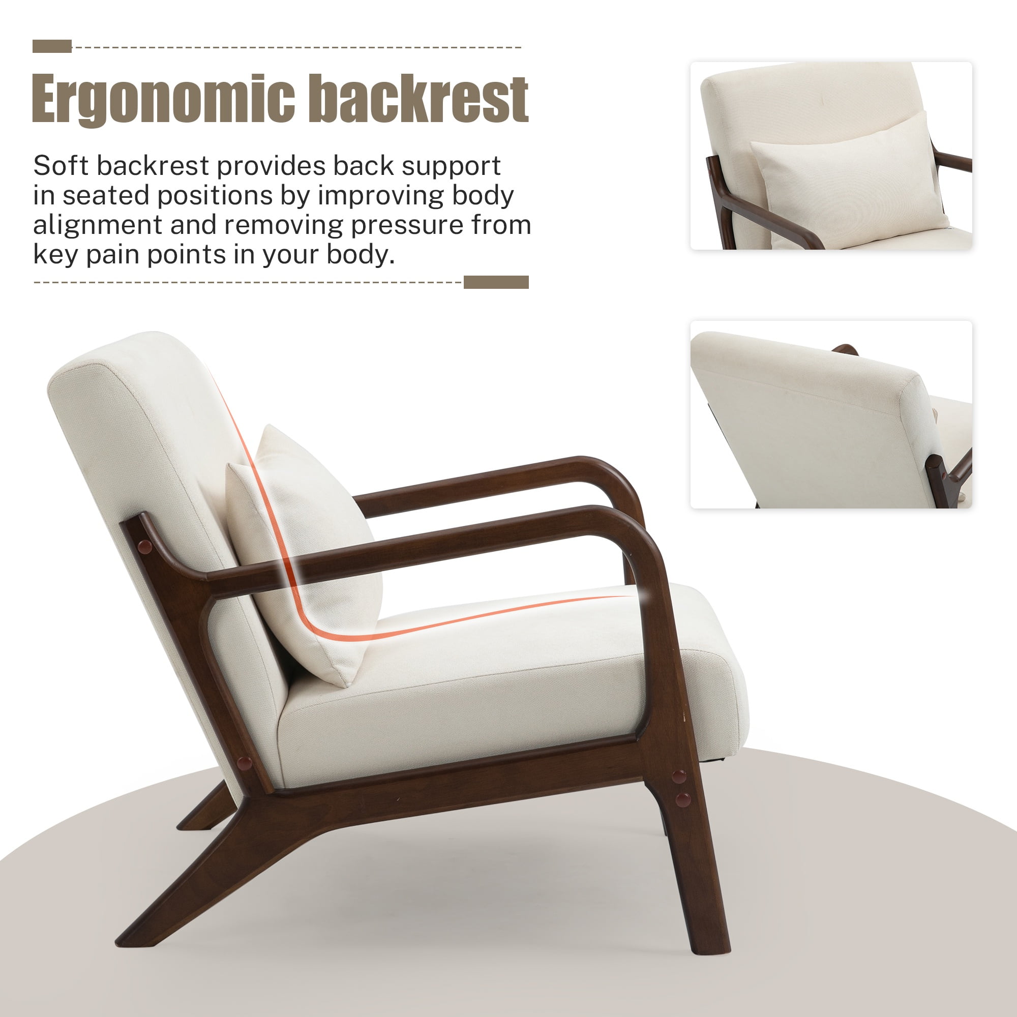 PAPROOS Mid-Century Modern Accent Chair, Velvet Fabric Arm Chair with Wood Frame and Pillow, Upholstered Armchair Comfort Reading Chair Lounge Chair for Living Room Bedroom Sunroom, Beige