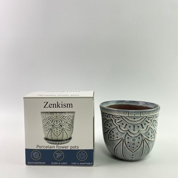 Zenkism Porcelain flower pots,6 Inch Beaded Ceramic Planter with Drainage Hole and Saucer for Plants, Indoor (Smoked Gray, Inner-pots not Larger Than 5 Inch)
