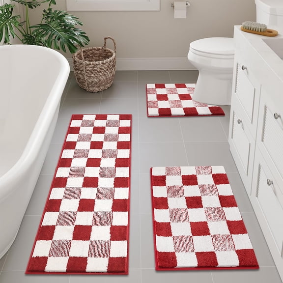 Bathroom Rugs, Yamaziot Checkered Bath Rugs Set 3, Non Slip Absorbent Bathroom Runner with Toilet Cover Mat, Washable Extra Soft Microfiber Floor Carpet