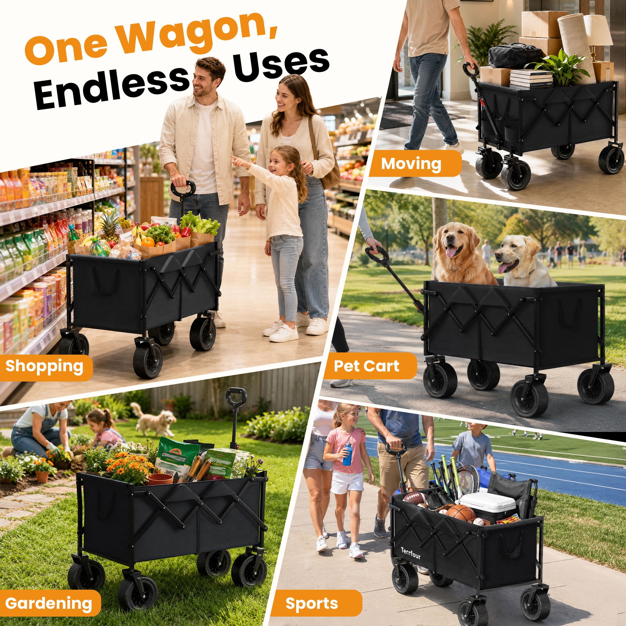 Goosiay Collapsible Wagon Cart, 580lbs Heavy Duty Utility Cart, 170L Large Capacity Folding Garden Wagon with All-Terrain Brake Wheels for Grocery, Shopping, Garden, Sports, Camping, Black