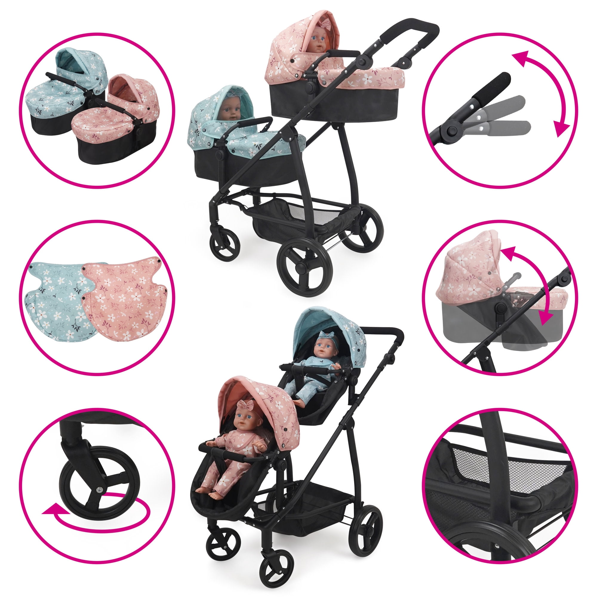509 Crew: Springtime - Deluxe City Twin Stroller & Baby Dolls Set - Black & Flowers, Pink-Blue Outfits, Converts To Jogger & Push Pram, Toy, Kids 3+