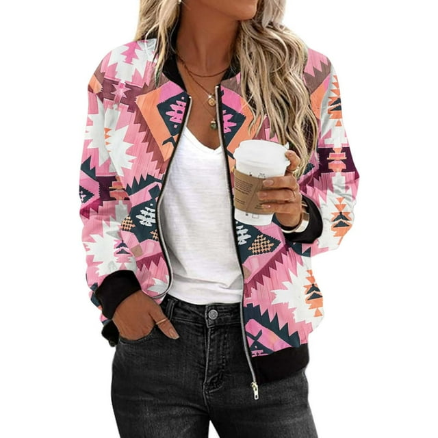 JURANMO Veste de Mode pour Femmes, Imprimé Aztèque Occidental, Manches Longues, Fermeture Éclair devant, Bomber de Baseball, Veste Décontractée, Élastique, Côtelée, MulticoloreRose L