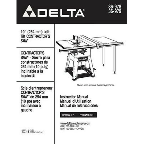 Delta 36-978 36-979 10" Left Tilt Contractors Saw Instruction Manual REPRINT