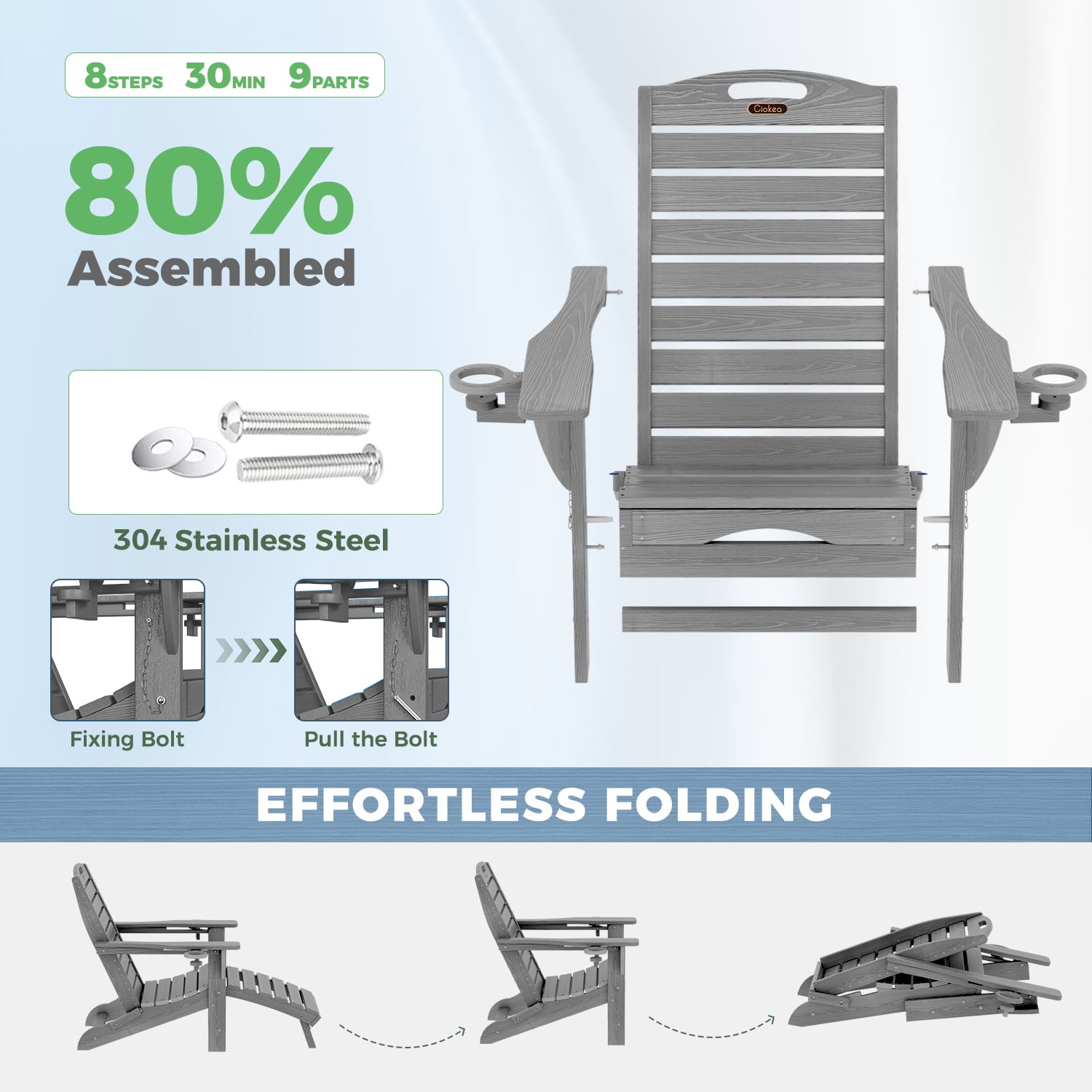 Ciokea Folding Adirondack Chair with Ottoman HDPE Pool Chair Pull Out Footrest with 2 Cup Holders Patio Garden Grey